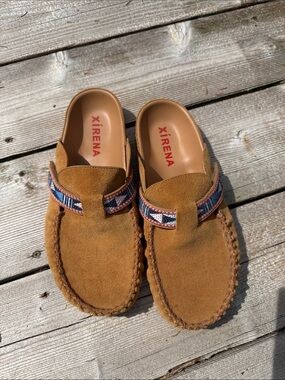 XiRENA Tan Suede Slip-On Mules with Multicolor Woven Strap